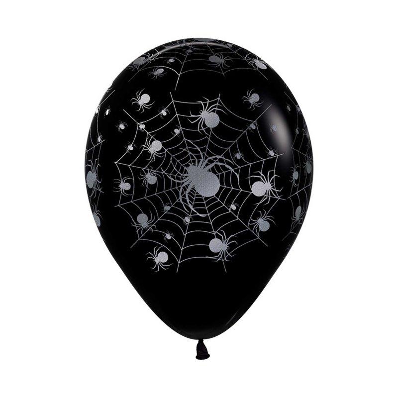 Balloons Latex 30cm Silver Spiders On Black Pk/12