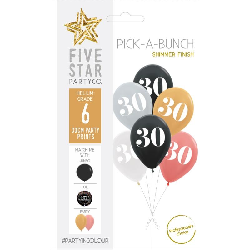 Balloon Pick-A-Bunch 30th Birthday 30cm Asst Pk 6