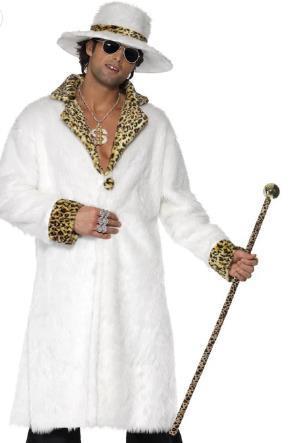 Costume Set Adult White and Leopard Skin Pimp/Gangster Coat Hat & Trousers