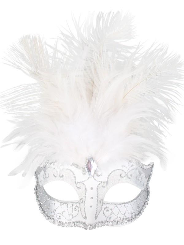 Mask Carmella White & Silver With Feathers Eye Mask