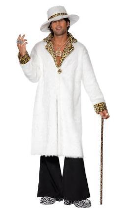 Costume Set Adult White and Leopard Skin Pimp/Gangster Coat Hat & Trousers