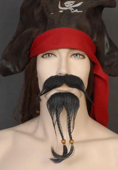 Moustache & Beard Black Caribbean Pirate With Beads