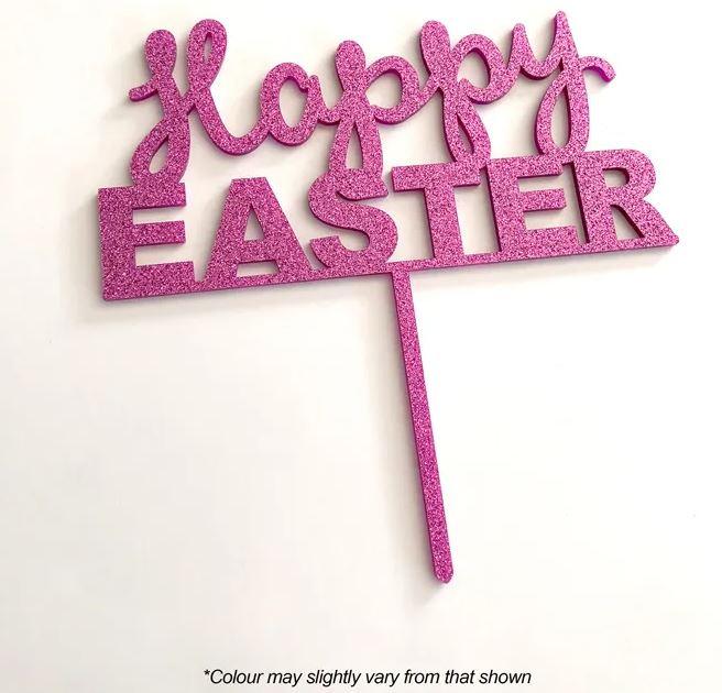 Cake Topper Happy Easter Glitter Pink Acrylic 17cm x 8cm