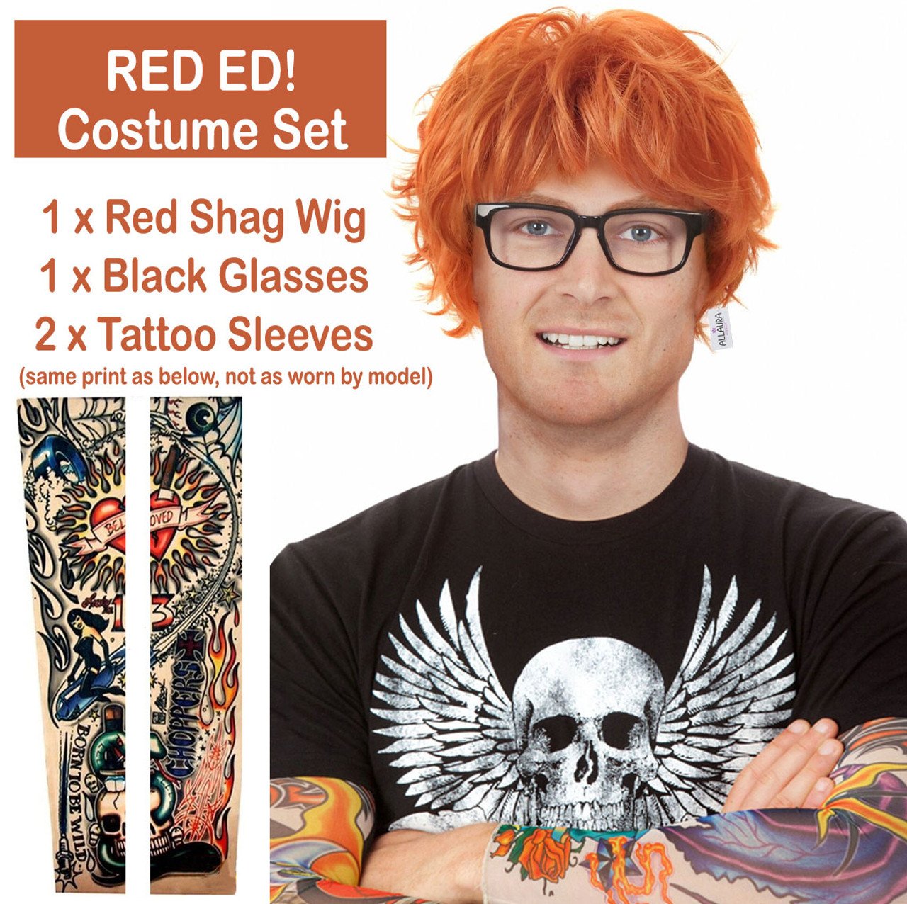 Wig Red Ed Orange/Red With Glasses & Tattoo Sleeve Costume Set