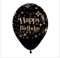 Latex Balloons 28cm Birthday Black And Gold Glitter  Pk/25