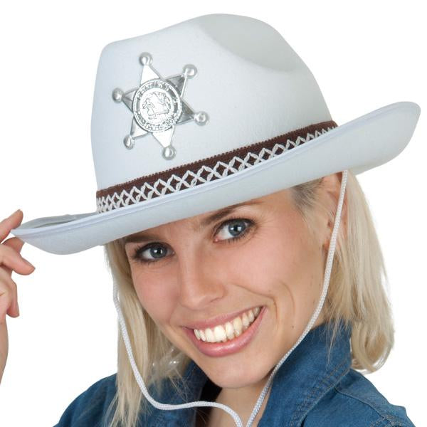 Hat Cowboy/Cowgirl White With Woven Band & Sheriff Badge