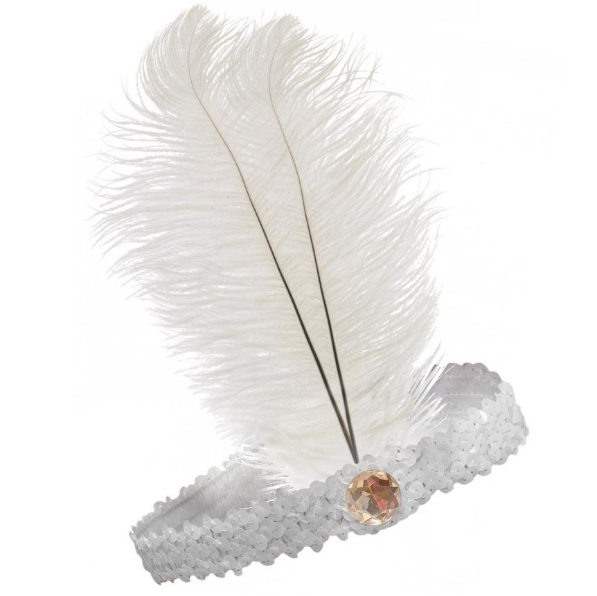 Headband 1920s Flapper Sequinned White With Feather Discontinued