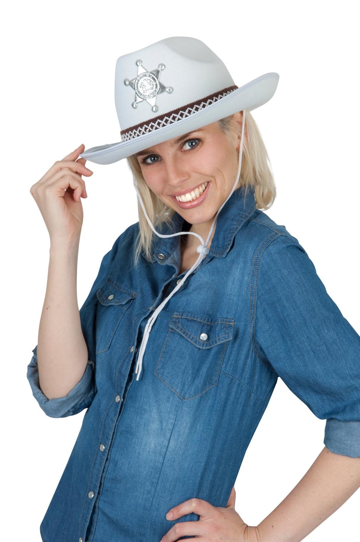 Hat Cowboy/Cowgirl White With Woven Band & Sheriff Badge