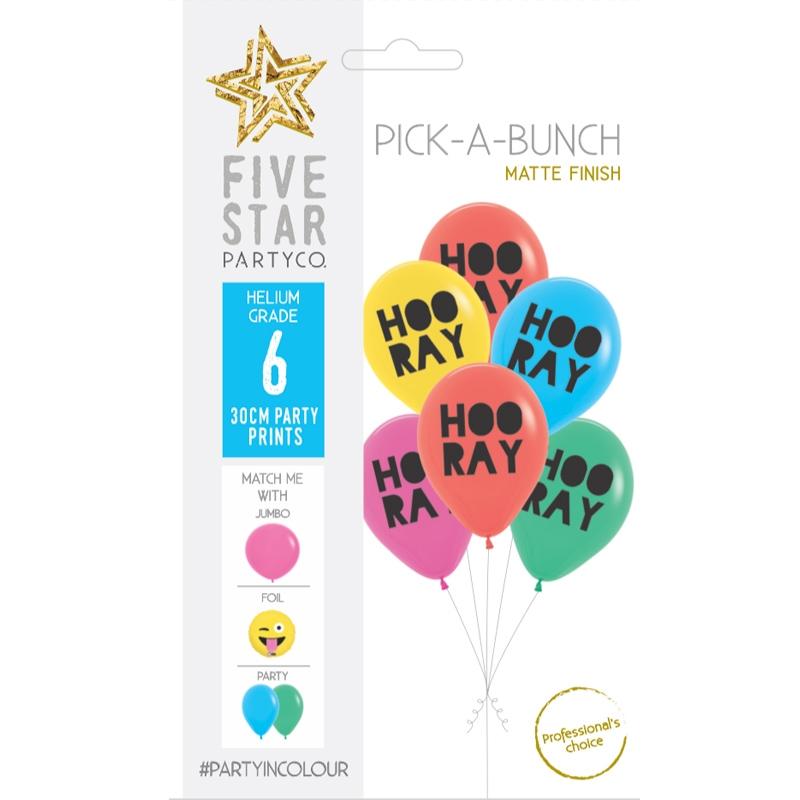 Balloon Pick-A-Bunch Hooray 30cm Asst Pk 6