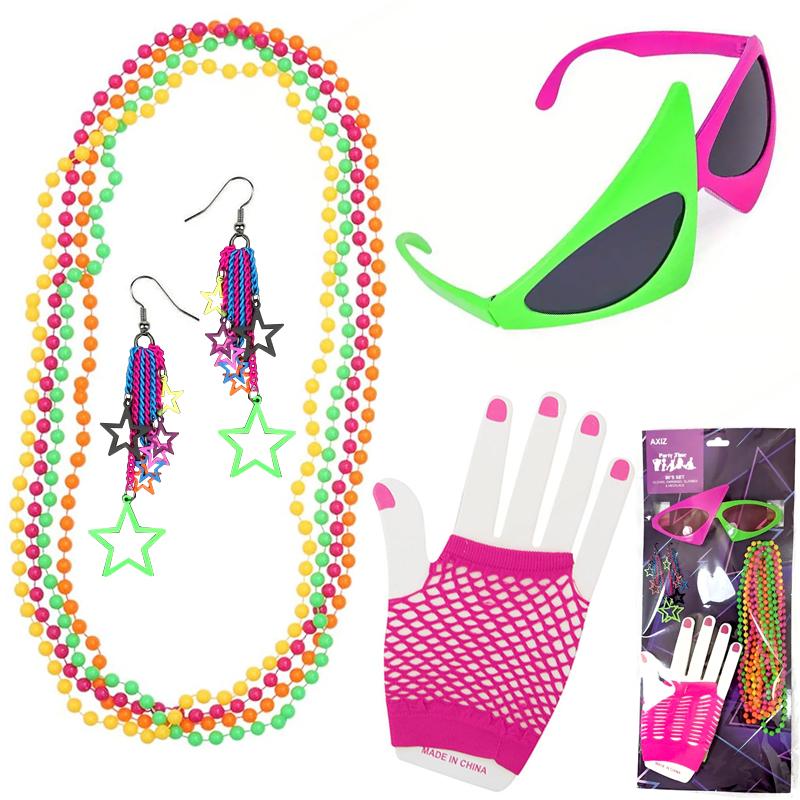 Fluro Costume Set 1980s Beads/Necklace Glove Earrings Glasses