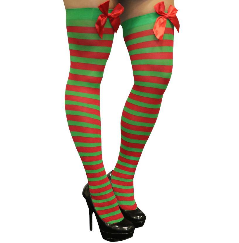 Pantyhose/Stocking Thigh High Red/Green Stripe With Red Bow