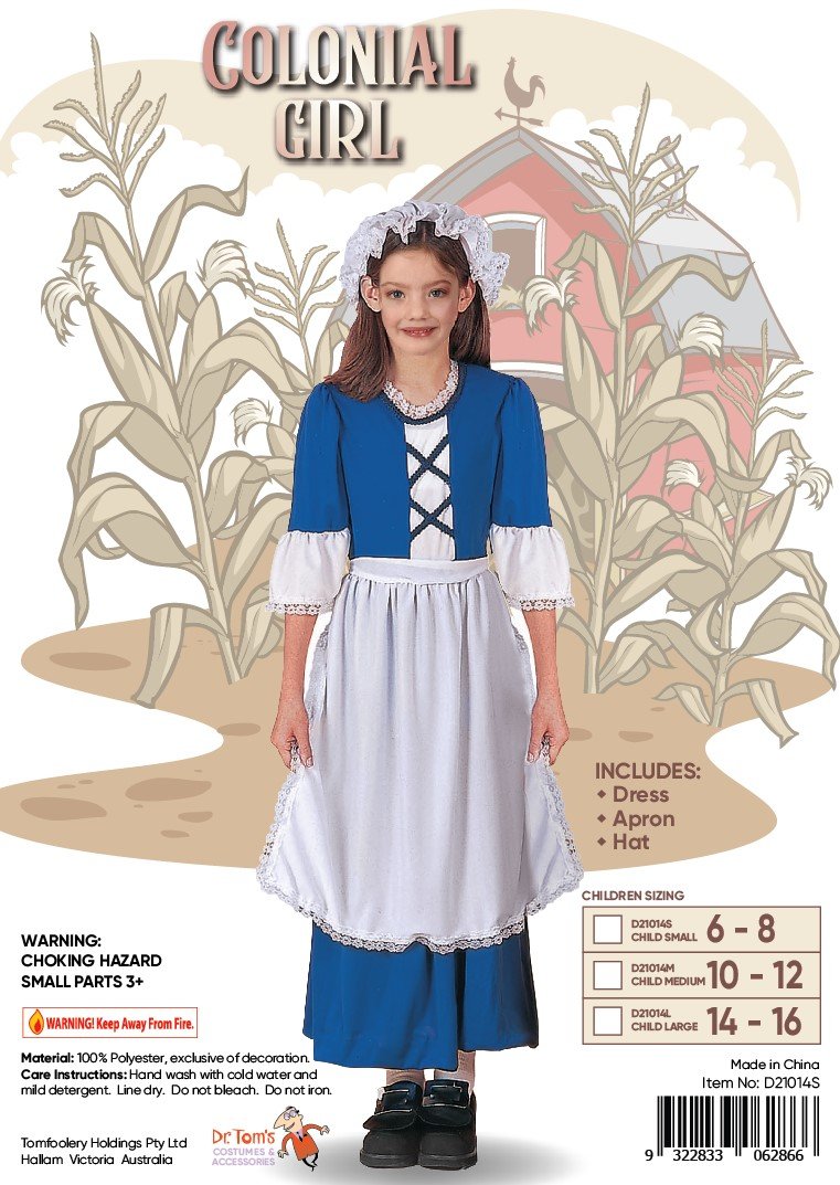 Costume Child Colonial Girl Dress Apron & Hat