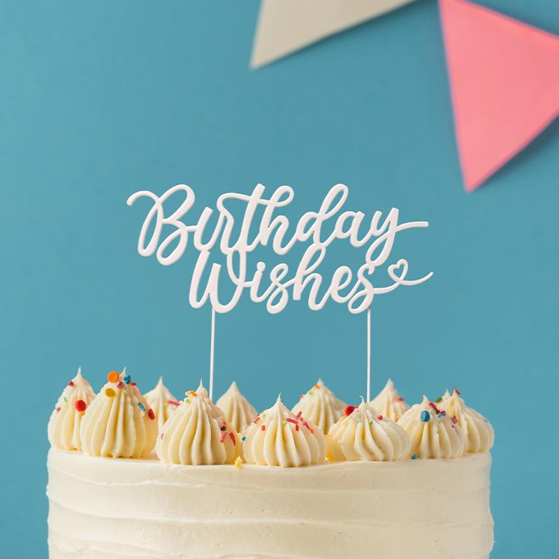 Cake Topper Birthday Wishes Word Pearl White Metal