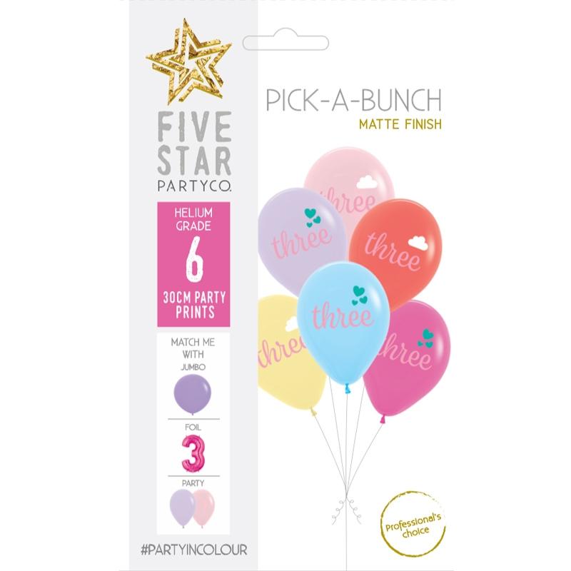 Balloon Pick-A-Bunch Three Cloud/Hearts 30cm Asst Pk 6