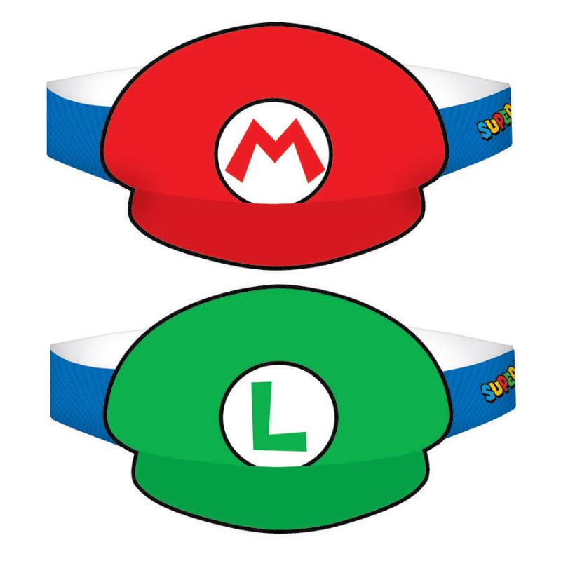 Super Mario Brothers Paper Hats Pk/8 Cardboard With Elastic Strap