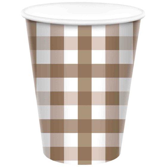 Paper Cups Gingham Check 266ml Teddy Brown Pk 8 last chance buy