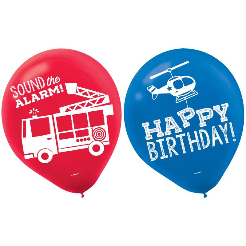 Latex Balloons 28cm Responders Fire Engine Helicopter Assorted Designs Pk/6