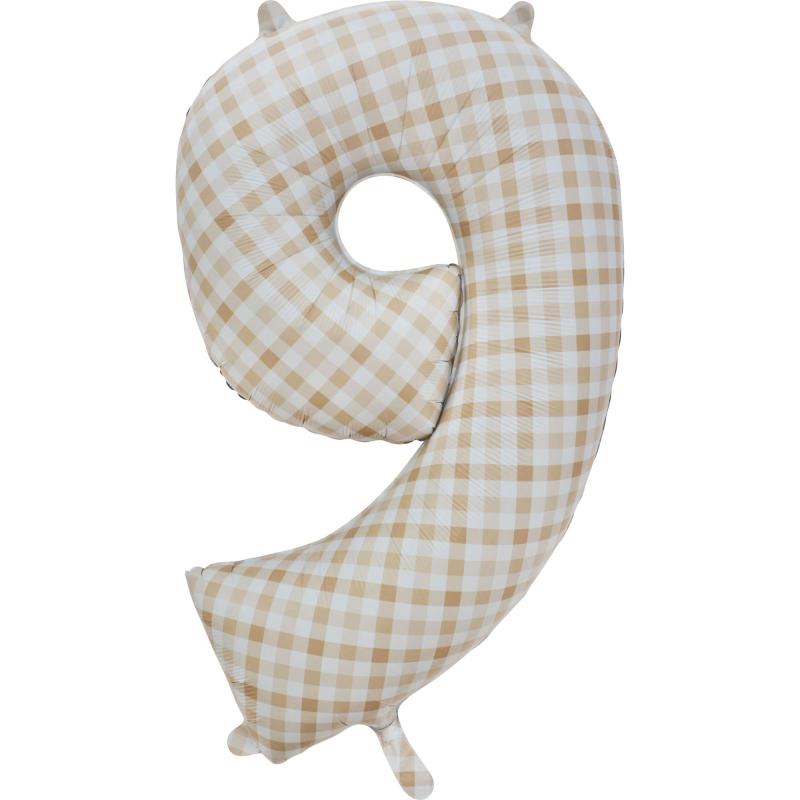 Balloon Foil Megaloon Number 9 Gingham Brown 86cm