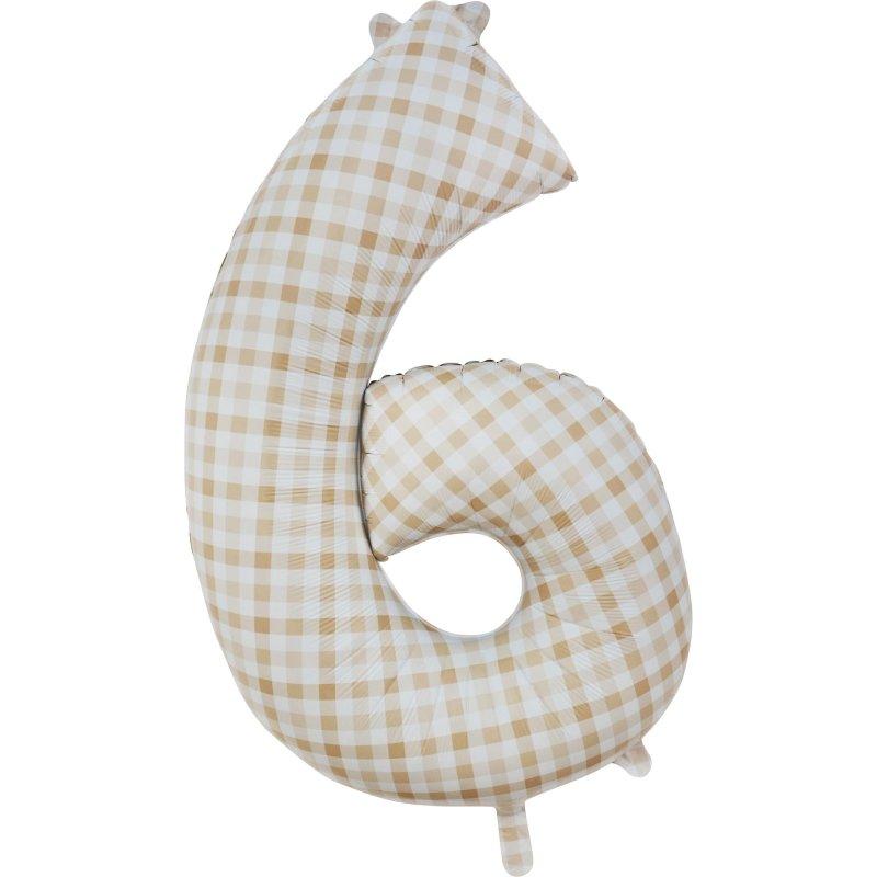 Balloon Foil Megaloon Number 6 Gingham Brown 86cm