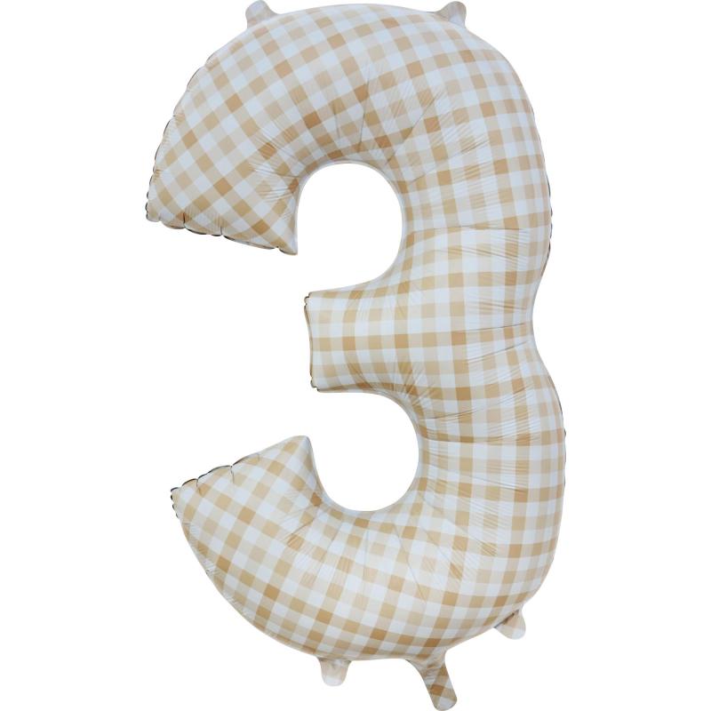 Balloon Foil Megaloon Number 3 Gingham Brown 86cm