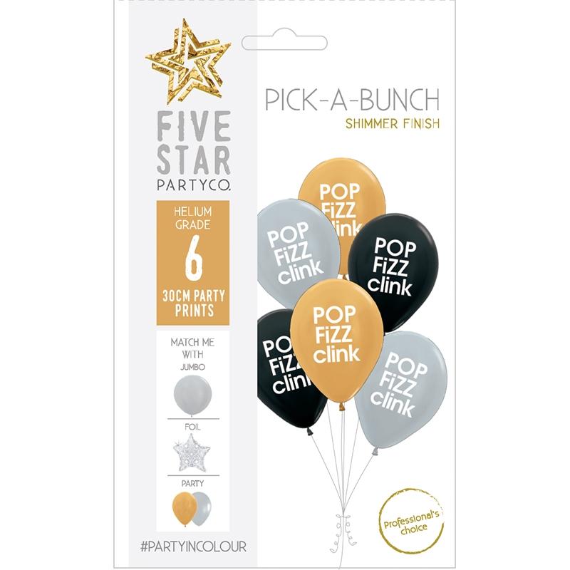 Balloon Pick-A-Bunch Pop Fizz Clink 30cm  Black /Silver /Gold Pk 6