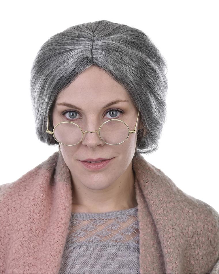 Wig Grandma Grey With Bun & Centre Part - Tomfoolery