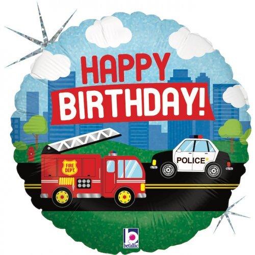 Balloon Foil 45cm Emergency Vehicle Happy Birthday Holographic