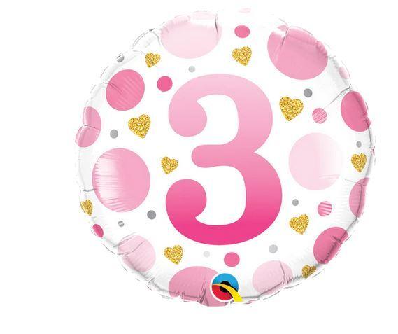 Balloon Foil 45cm Age 3 Pink Dots